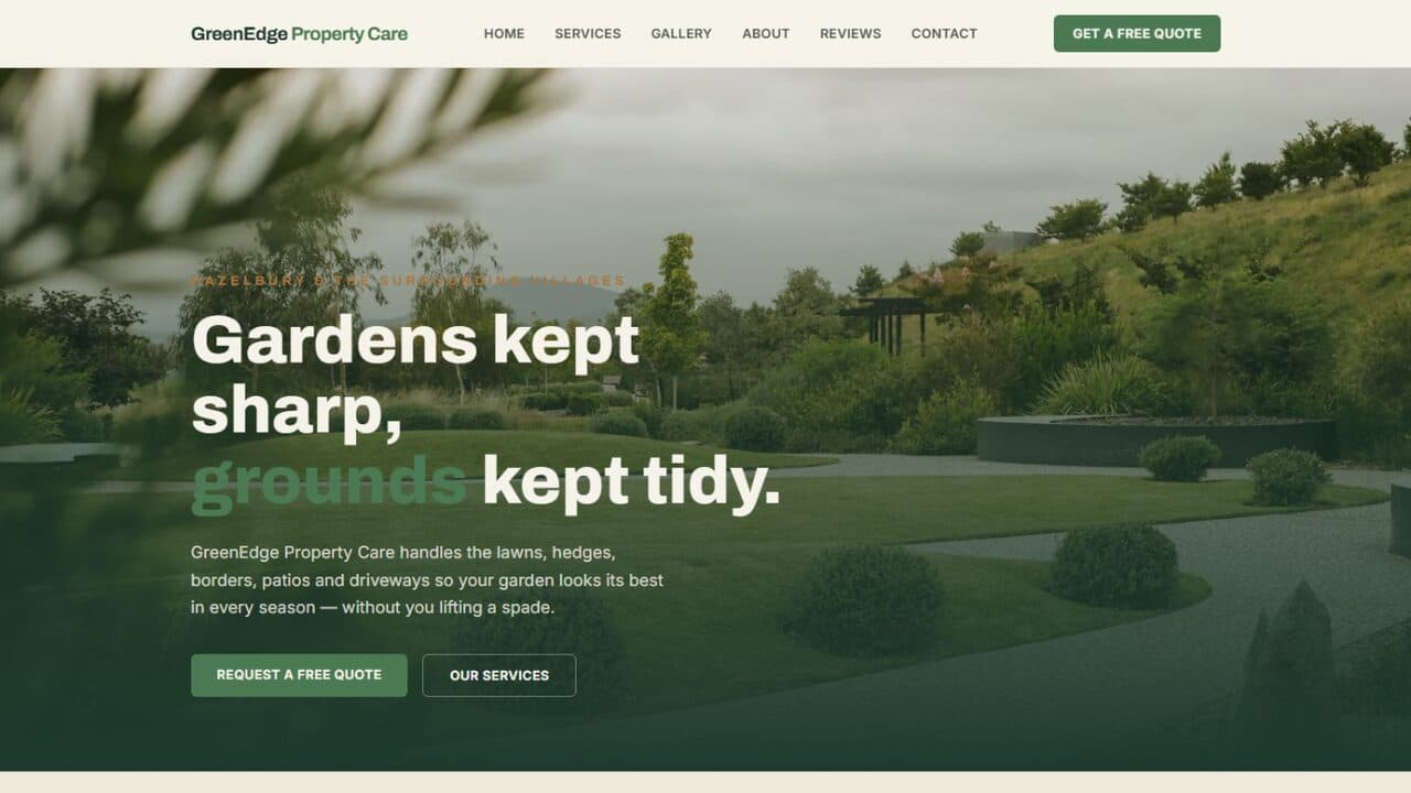 GreenEdge Property Care homepage — a landscaped garden hero photo with a pine and moss colour palette