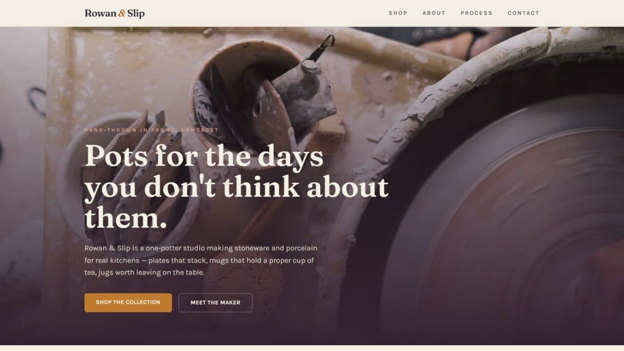 Rowan & Slip homepage — a potter's wheel hero photo with a damson, ochre and verdigris colour palette